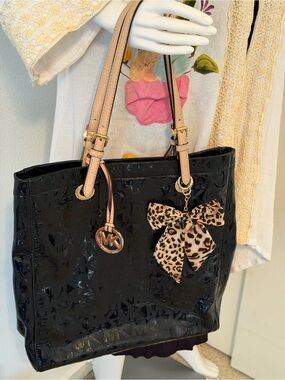 Michael Kors Black Patent Tote with Leather Straps and Gold Tone  Free Bow Charm